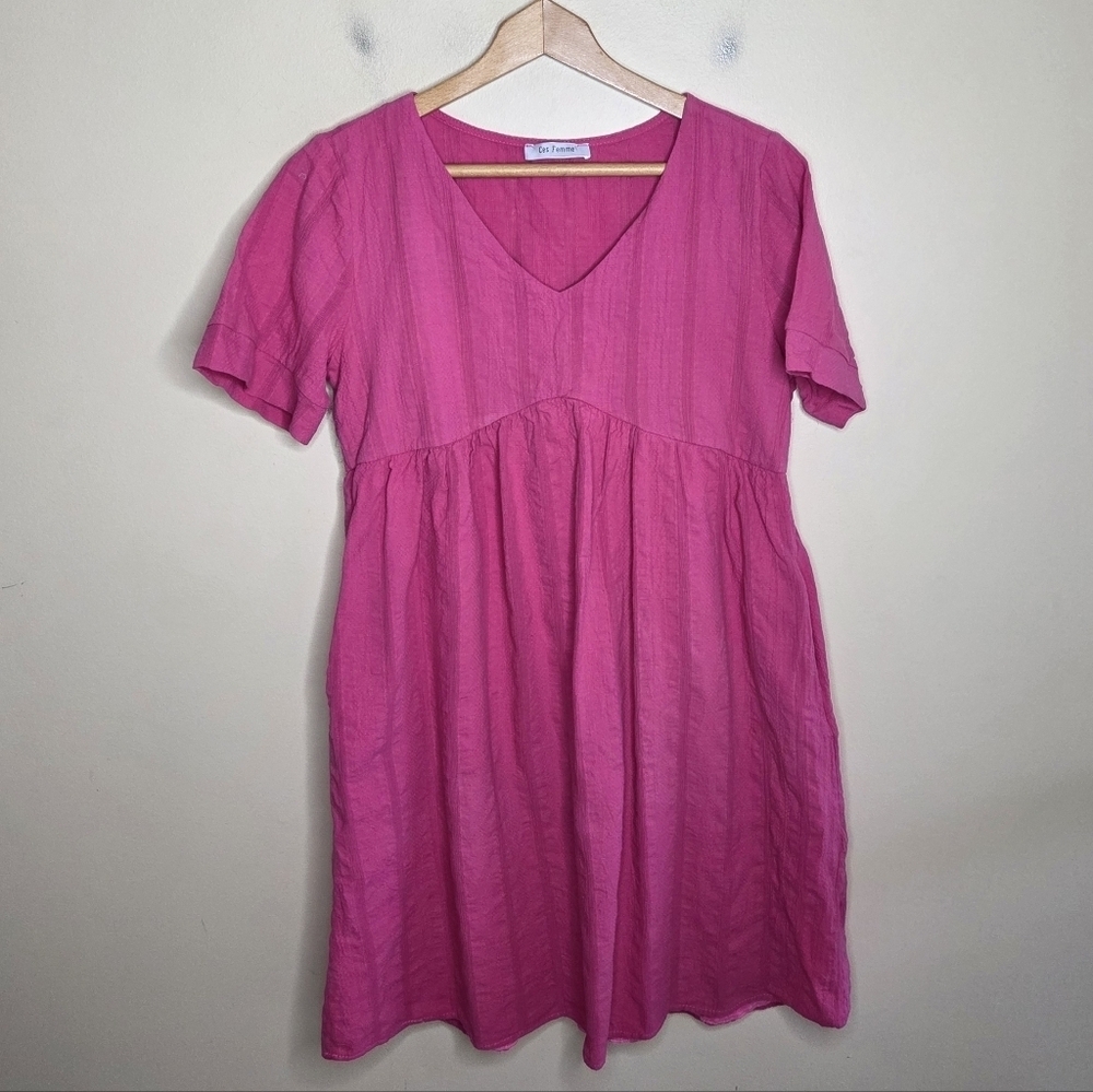 Ces Femme Pink Short Sleeve Textured V-neck Dress Size Small 100% Cotton